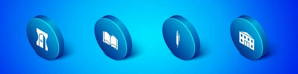 Set Isometric Pencil sharpener, , School building and Open book icon. Vector Stock Illustration