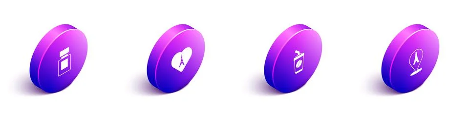 Set Isometric Perfume, Eiffel tower with heart, Coffee cup go and icon. Vector Illustration