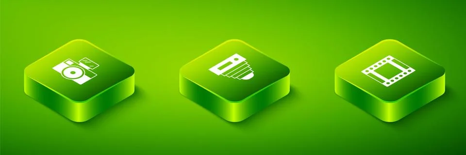 Set Isometric Photo camera, Camera roll cartridge and with flash icon. Vector Stock Illustration