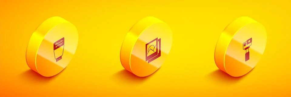 Set Isometric Photo camera flash, frame and Action icon. Vector 스톡 일러스트