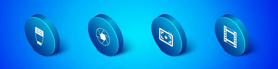 Set Isometric Photo camera flash, , Camera roll cartridge and shutter icon Stock Illustration
