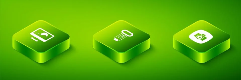 Set Isometric Photo camera flash, and retouching icon. Vector Illustrazione stock