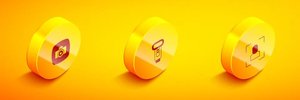 Set Isometric Photo camera, flash and Camera focus frame line icon. Vector Illustrazione stock