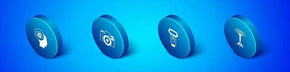 Set Isometric Photo camera, flash, Studio light bulb in softbox and icon. Vector Stock Illustration