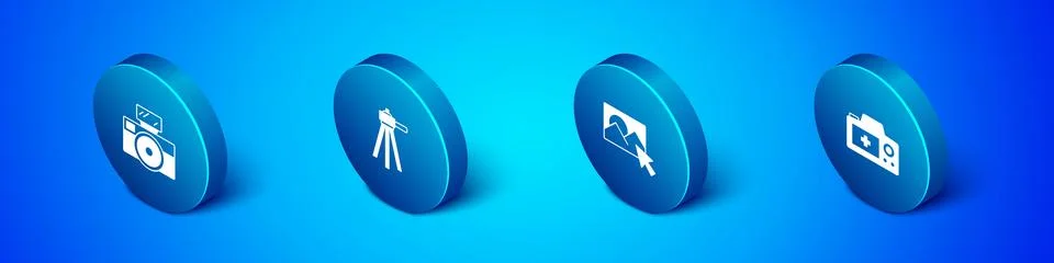 Set Isometric Photo camera with flash, retouching, and Tripod icon. Vector Stock Illustration