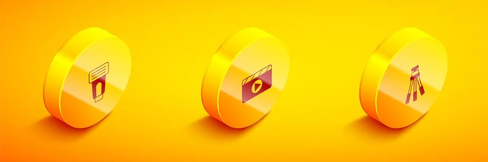 Set Isometric Photo camera flash, Movie clapper and Tripod icon. Vector Stock Illustration