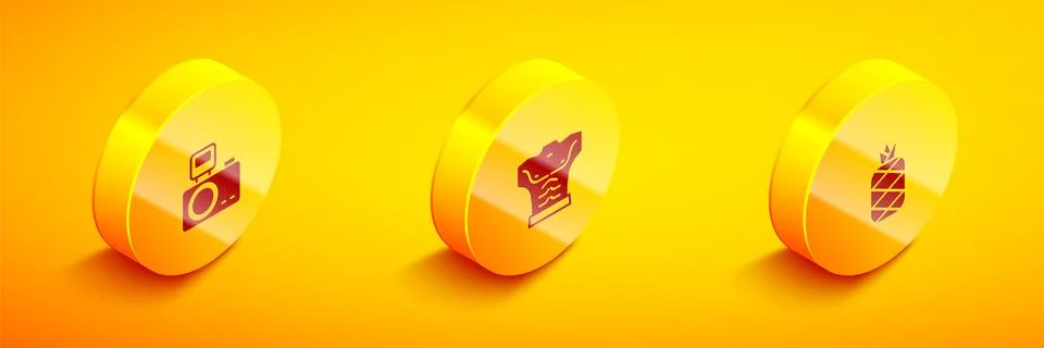 Set Isometric Photo camera with flash, Bodybuilder muscle and Pineapple icon Stock Illustration
