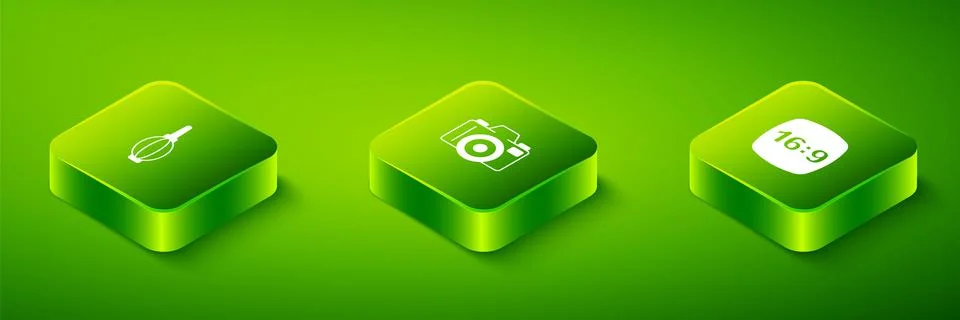 Set Isometric Photo camera, frame 16 and Dust blower icon. Vector Stock Illustration