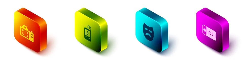 Set Isometric Photo camera, Light meter, Drama theatrical mask and and vide.. Stock Illustration