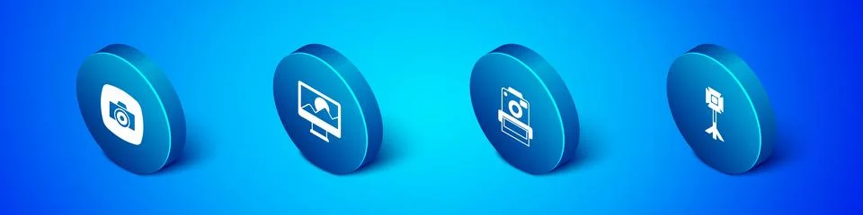 Set Isometric Photo camera, Studio light bulb in softbox and retouching ico.. Stock Illustration