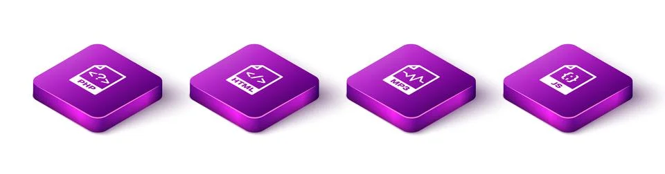 Set Isometric PHP file document, HTML, MP3 and JS icon. Vector イラスト素材