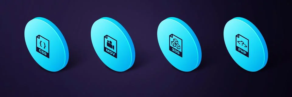 Set Isometric PHP file document, 3DS, MOV and CSS icon. Vector 库存插图