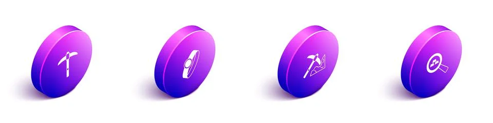 Set Isometric Pickaxe, Gold ring, mining and bars icon. Vector Illustrazione stock
