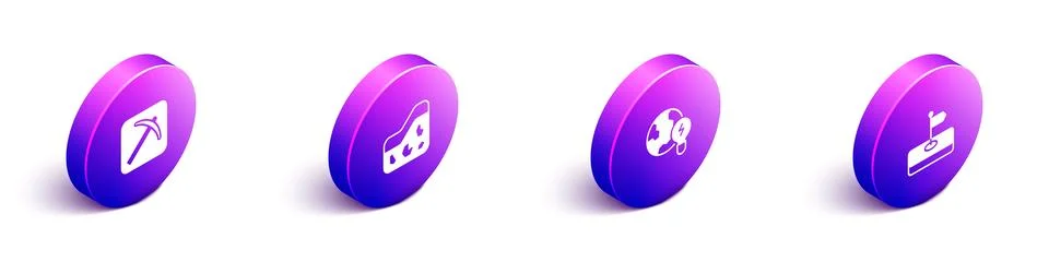 Set Isometric Pickaxe, Ground, Global planet with bulb and Flag icon. Vector Stock Illustration