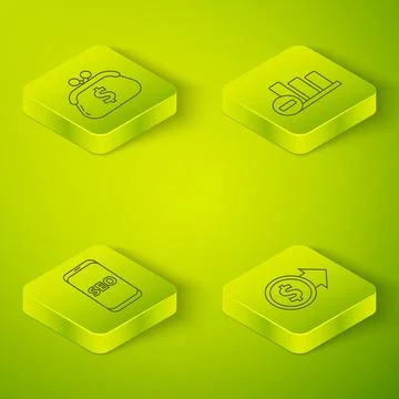 Set Isometric Pie chart infographic, Mobile phone SEO optimization, Coin money Stock Illustration