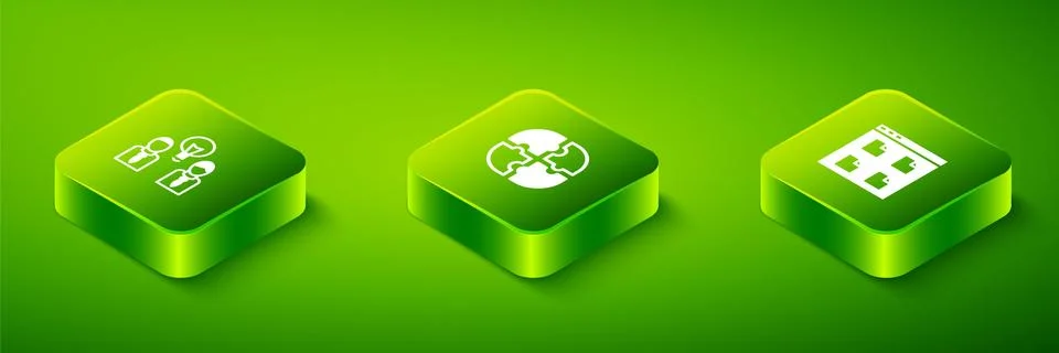 Set Isometric Piece of puzzle, Browser files and People with lamp bulb icon Stockillustratie