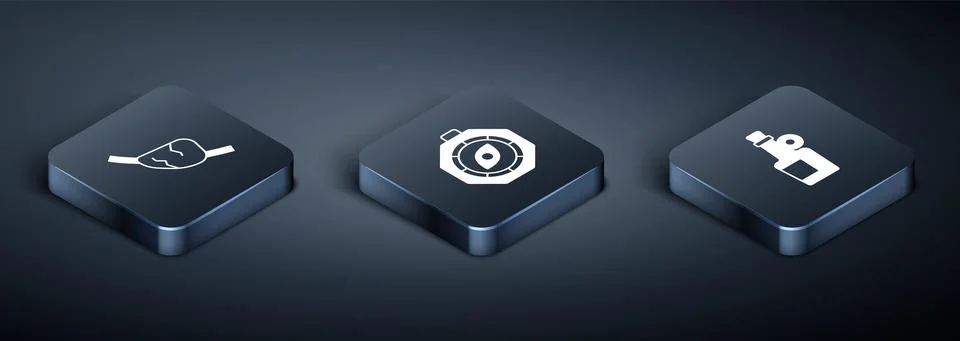 Set Isometric Pirate eye patch, Alcohol drink Rum and Compass icon. Vector Illustrazione stock