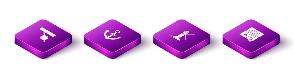 Set Isometric Pirate eye patch, Anchor, Lighthouse and Decree, parchment, scroll Stock Illustration