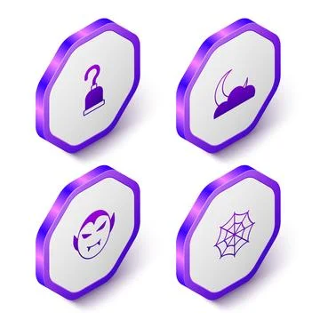 Set Isometric Pirate hook, Moon and stars, Vampire and Spider web icon. Purple Stock Illustration