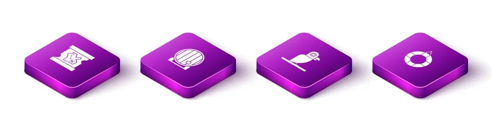 Set Isometric Pirate treasure map, Wooden barrel, parrot and Lifebuoy icon. V イラスト素材