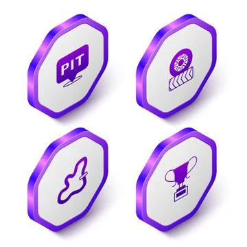 Set Isometric Pit stop, Car tire wheel, Racing track and Award cup icon. Purple Stock Illustration