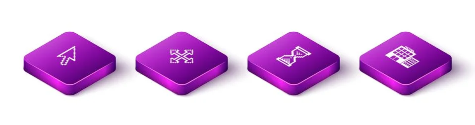 Set Isometric Pixel arrow cursor, arrows in four directions, Hourglass pixel and Illustrazione stock