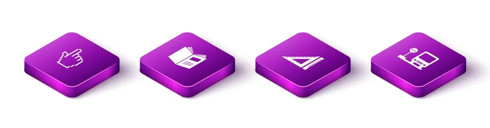 Set Isometric Pixel hand cursor, Open book, Triangular ruler and Bus stop ico Stock Illustration