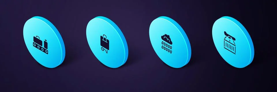 Set Isometric Plane, Cloud with rain, Suitcase and Conveyor belt suitcase icon 库存插图