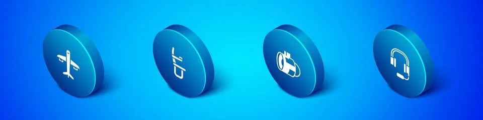 Set Isometric Plane, Jet engine turbine, Headphones with microphone and Airplane Stock Illustration