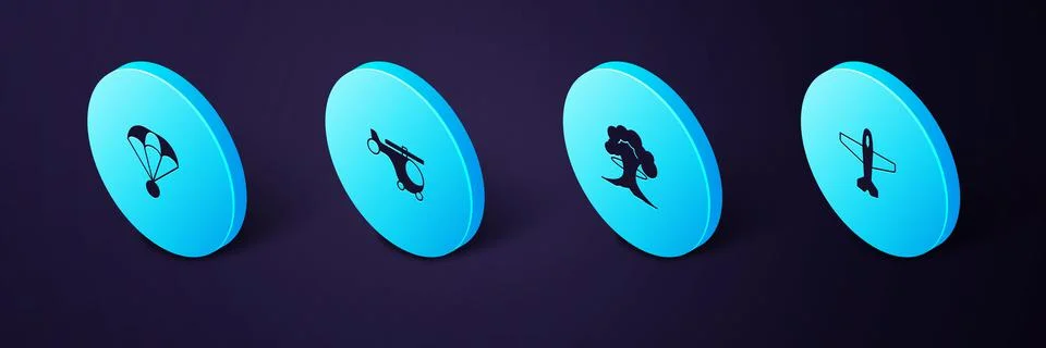 Set Isometric Plane, Nuclear explosion, Helicopter and Parachute icon. Vector 스톡 일러스트