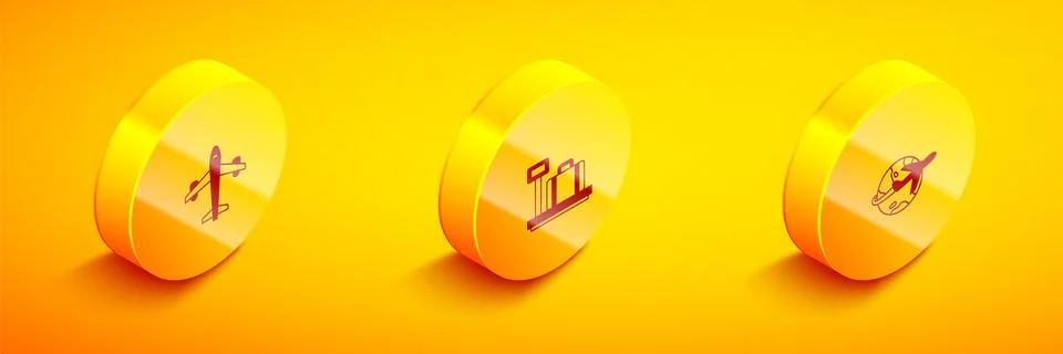 Set Isometric Plane, Scale with suitcase and Globe flying plane icon. Vector Illustrazione stock