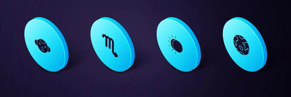 Set Isometric Planet Earth, Eclipse of the sun, Scorpio zodiac and Monkey icon Ilustração Stock
