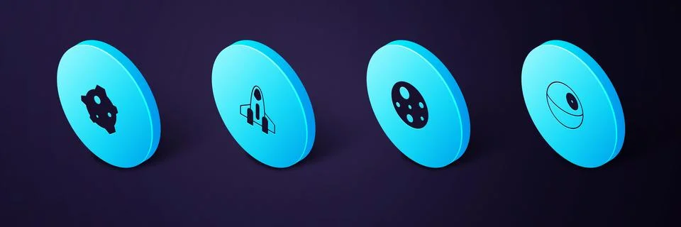 Set Isometric Planet, Mars, Rocket ship and Asteroid icon. Vector Stock Illustration