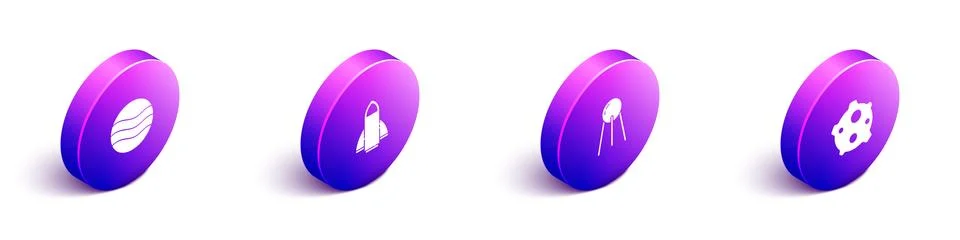 Set Isometric Planet, Rocket ship, Satellite and Asteroid icon. Vector Stock Illustration
