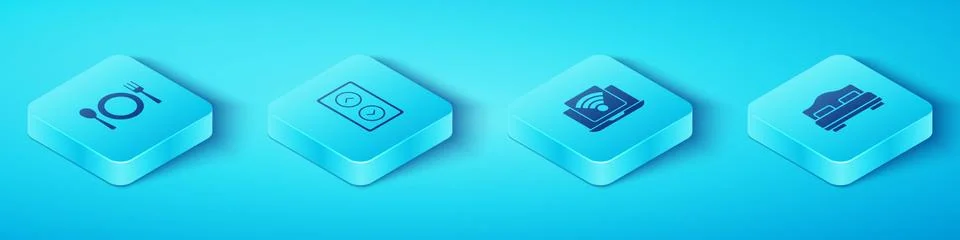 Set Isometric Plate, fork and knife, Lift, Hotel room bed and Wireless laptop Stock Illustration
