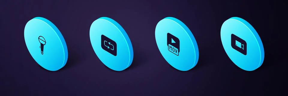 Set Isometric Play video button, MOV file, Repeat and Microphone icon. Vector Stock Illustration