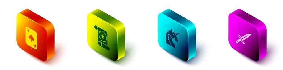 Set Isometric Playing cards, Magic scroll, Unicorn and Dagger icon. Vector Illustrazione stock