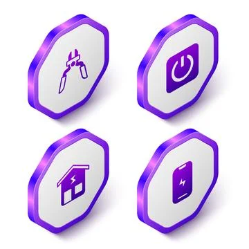 Set Isometric Pliers tool, Power button, Smart home and Mobile phone icon Stock Illustration