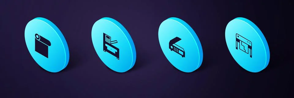 Set Isometric Plotter, Scanner, Copy machine and Roll of paper icon. Vector Ilustración de archivo