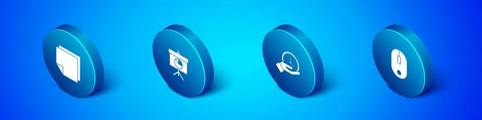 Set Isometric Post note stickers, Clock, Computer mouse and Chalkboard with Stock Illustration