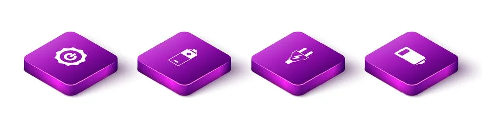 Set Isometric Power button, Battery, Electric plug and icon. Vector 스톡 일러스트
