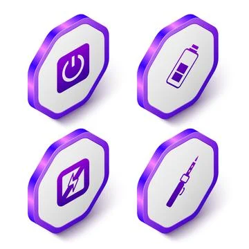Set Isometric Power button, Battery charge, No lightning and Soldering iron icon Ilustração Stock