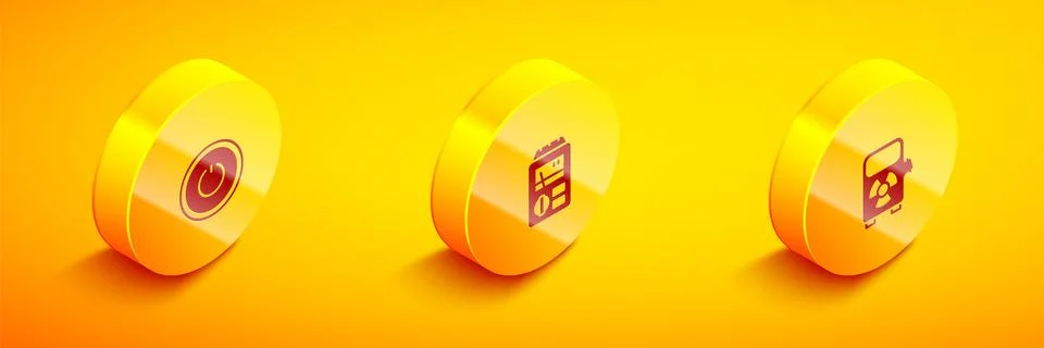 Set Isometric Power button, Dosimeter and Electric car charging station icon Stock Illustration