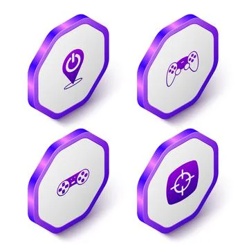 Set Isometric Power button, Game controller or joystick, and Target sport icon Illustrazione stock