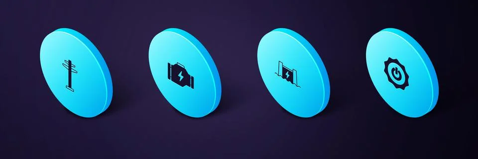 Set Isometric Power button, Hydroelectric dam, Check engine and Electric tower Stock Illustration