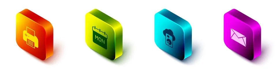 Set Isometric Printer, Calendar, Cloud database and Mail and e-mail icon. Vector Stock Illustration