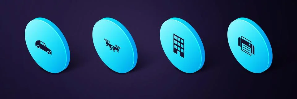 Set Isometric Printer, House, Drone flying and Car icon. Vector Ilustración de archivo