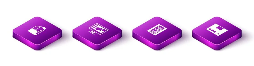 Set Isometric Printer ink bottle, Computer monitor screen, News and Carton Illustrazione stock