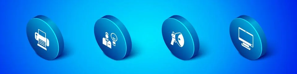 Set Isometric Printer, Megaphone, Computer monitor and Human with lamp bulb icon Stock Illustration