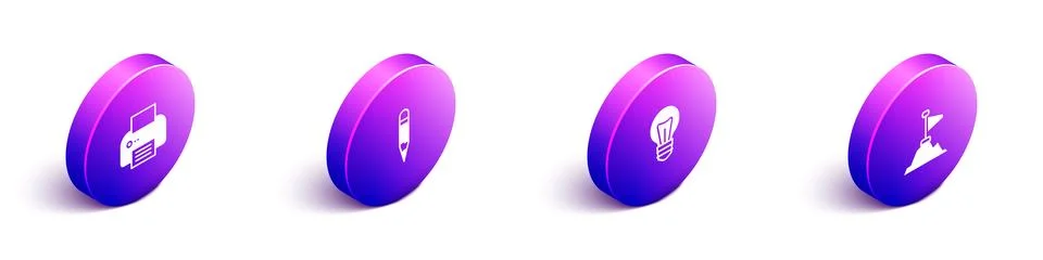 Set Isometric Printer Pencil Light bulb and Mountains with flag on top icon.  스톡 일러스트